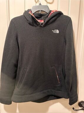 The North Face Black Fleece Hoodie with Red Plaid Trim